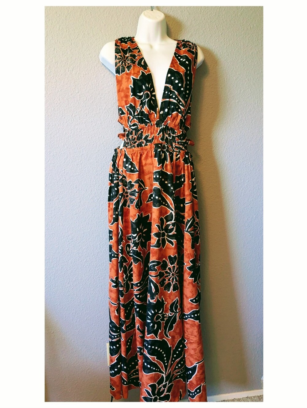 Indulge Rust and Black Floral Deep V Maxi Dress Side Cut Out Sz.XL - Picture 2 of 14